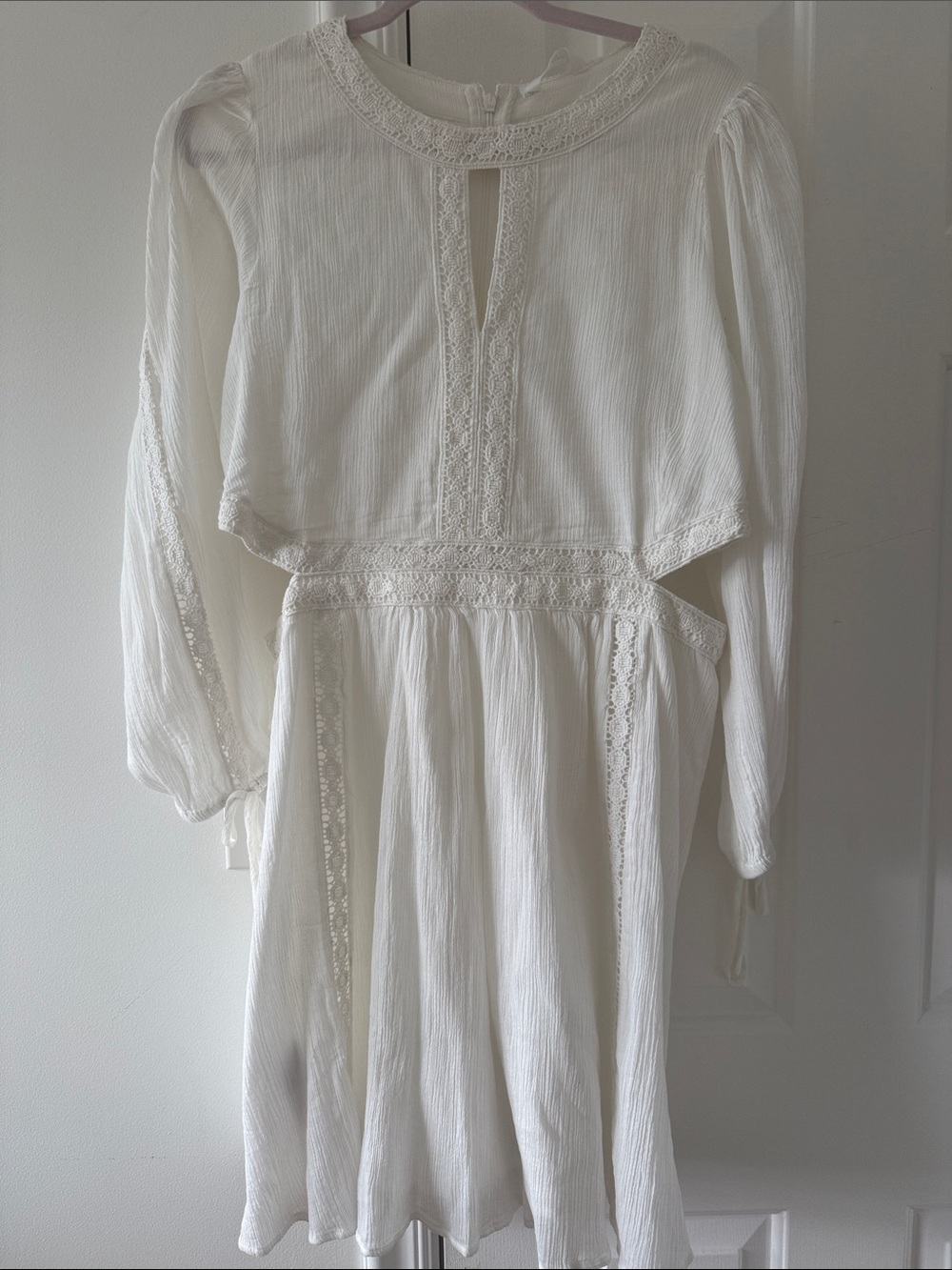 Mango White Long Sleeve Midi Dress with Lace Trim
